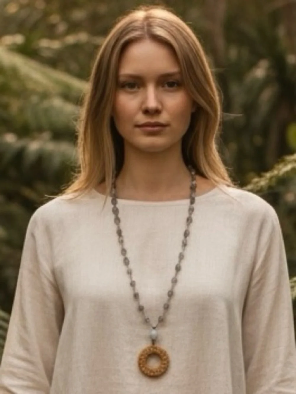 CHARMING CHARLIE Boho Moonglow Lucite, White Quartz & Rattan Pendant Necklace - Picture 3 of 10